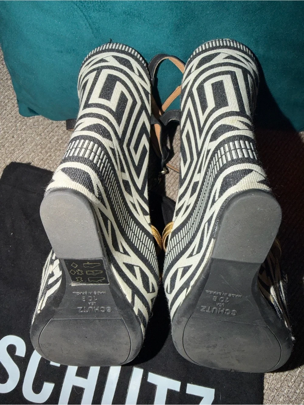 SCHUTZ Gold Strappy Platform Sandals with Black-and-White Geometric Platform